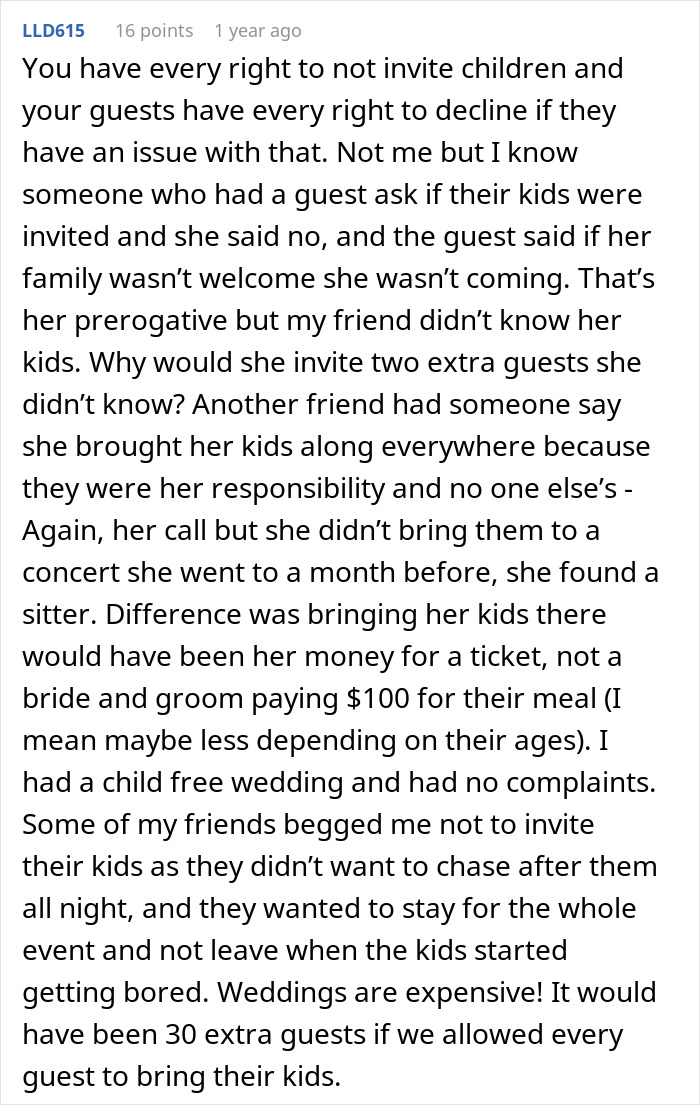 In-laws demand special exceptions for child-free celebration, resorting to threats to get what they want. Long Reddit comment on guest rights and child-free weddings.