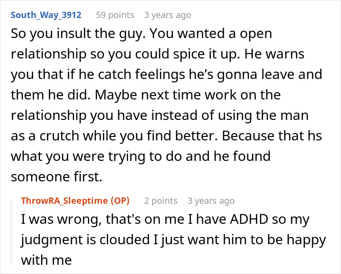 Online user comments addressing an open relationship decision and its aftermath. Online user comments addressing an open relationship decision and its aftermath.
