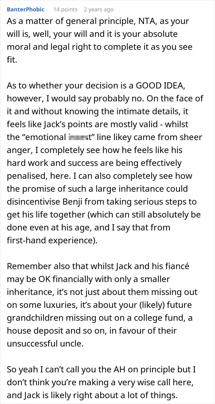 A detailed comment discussing the mom's inheritance decision and its impact on both sons. A detailed comment discussing the mom's inheritance decision and its impact on both sons.