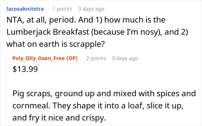 A screenshot of a comment asking about Lumberjack Breakfast price and scrapple, related to BIL inviting him to breakfast. A screenshot of a comment asking about Lumberjack Breakfast price and scrapple, related to BIL inviting him to breakfast.