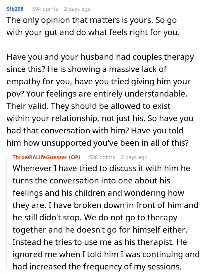 A screenshot of online forum comments about husband's reaction and couples therapy.