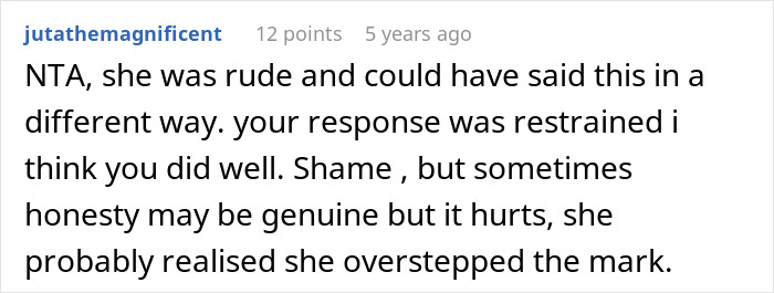 A screenshot of a comment from jutathemagnificent supporting the woman, stating her friend was rude about bikini advice. A screenshot of a comment from jutathemagnificent supporting the woman, stating her friend was rude about bikini advice.
