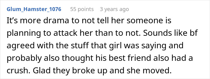 Glum_Hamster_1076 comment: drama to not tell her someone is planning to attack her, GF says no to driving home drunk women Glum_Hamster_1076 comment: drama to not tell her someone is planning to attack her, GF says no to driving home drunk women