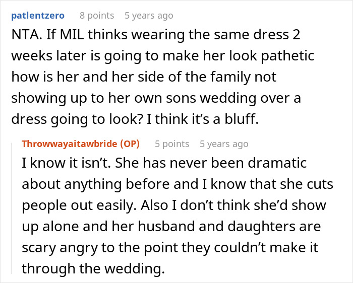 A screenshot of a comment from patientzero discussing the MIL's dramatic behavior about the wedding dress. A screenshot of a comment from patientzero discussing the MIL's dramatic behavior about the wedding dress.