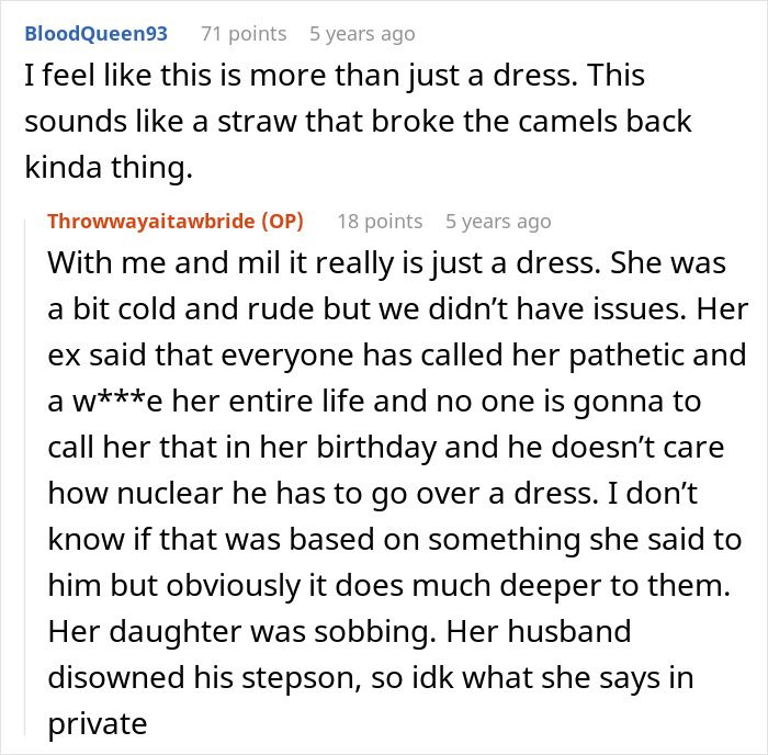 A screenshot of a reddit comment section discussing the family dynamics surrounding the wedding dress conflict. A screenshot of a reddit comment section discussing the family dynamics surrounding the wedding dress conflict.