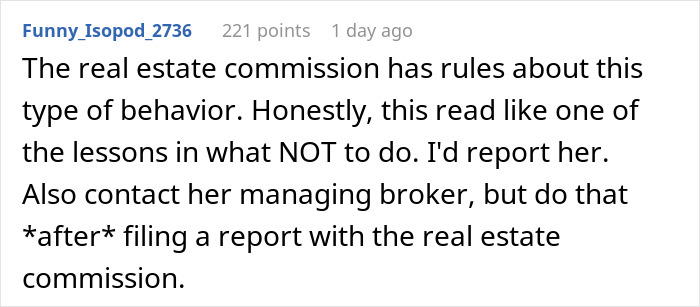 A screenshot of a Reddit comment advising to report a realtor for turning away a man based on neighborhood fit. A screenshot of a Reddit comment advising to report a realtor for turning away a man based on neighborhood fit.