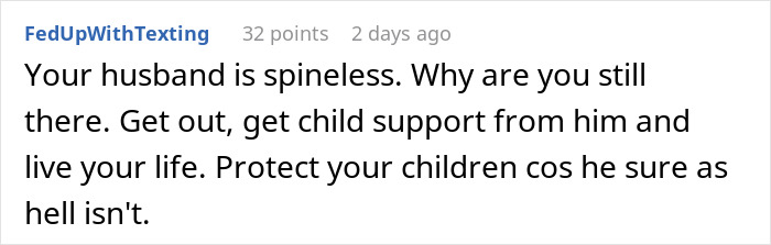 An online comment advising a stepmom to leave her husband after his terrible reaction to CPS lies.