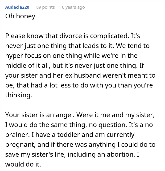 User comment discussing how a sister would save her sibling's life despite the risk of divorce User comment discussing how a sister would save her sibling's life despite the risk of divorce