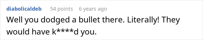 A comment stating the original poster dodged a bullet, referencing the mil who thinks shellfish allergy is fake. A comment stating the original poster dodged a bullet, referencing the mil who thinks shellfish allergy is fake.