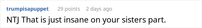 Comment calling sister's actions insane in babysitting auction dispute