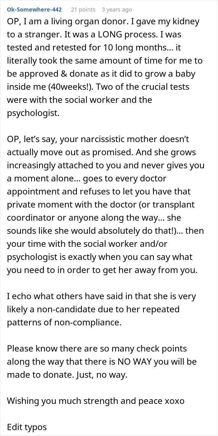 A detailed comment from an organ donor about the process and not having to give a toxic mom a shiny new kidney.