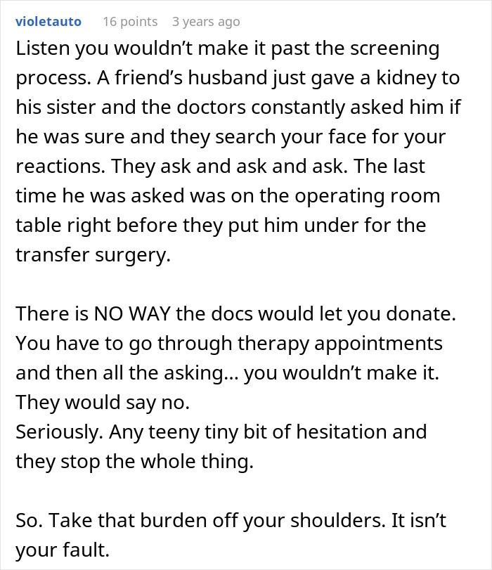 A comment about the screening process for kidney donation, emphasizing a toxic mom cannot get a shiny new kidney.