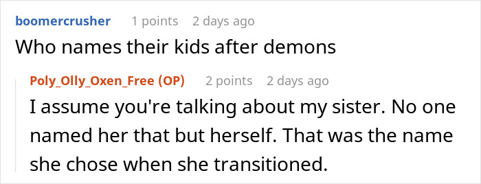 A screenshot of a comment asking about naming kids after demons, related to the man's BIL inviting him to breakfast. A screenshot of a comment asking about naming kids after demons, related to the man's BIL inviting him to breakfast.