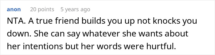 A comment emphasizing that a true friend would not body-shame or give hurtful unsolicited bikini advice. A comment emphasizing that a true friend would not body-shame or give hurtful unsolicited bikini advice.