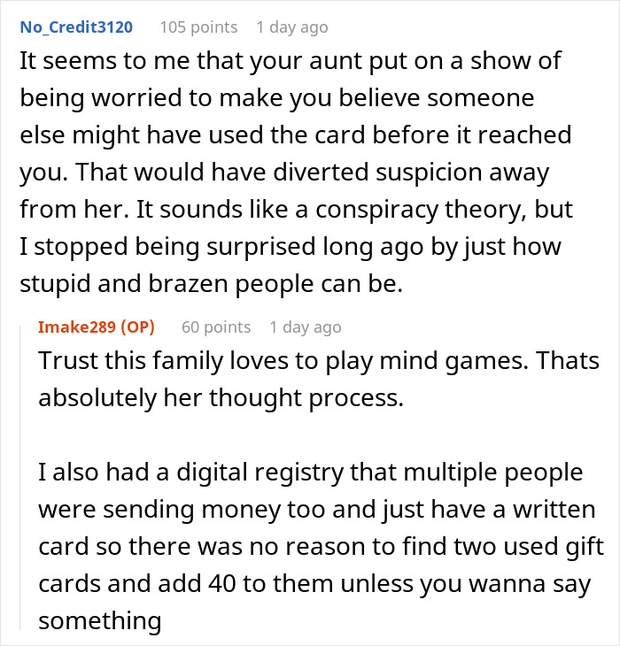 Comments on a post about a cousin causing wedding drama and sending used gift cards, discussing a possible conspiracy.