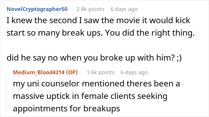 Online comments on breakups triggered by the movie Obsession
