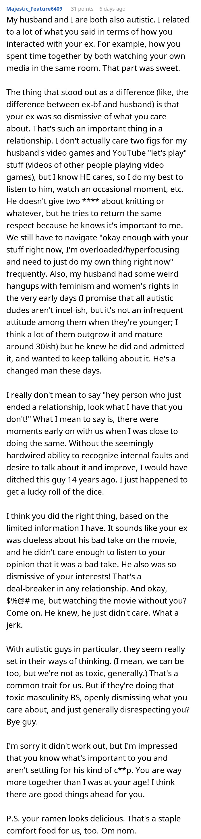 Detailed comment on autism and relationship dynamics with feminist perspectives