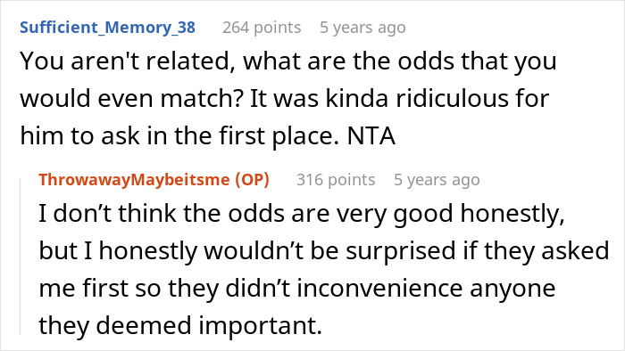 A screenshot of a reddit comment section. The top comment is from user Sufficient_Memory_38 discussing bone marrow match refusal for estranged dad's wife. A screenshot of a reddit comment section. The top comment is from user Sufficient_Memory_38 discussing bone marrow match refusal for estranged dad's wife.