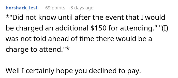 A comment discussing being charged $150 for a bridal shower without prior notice and hoping the guest declined to pay.