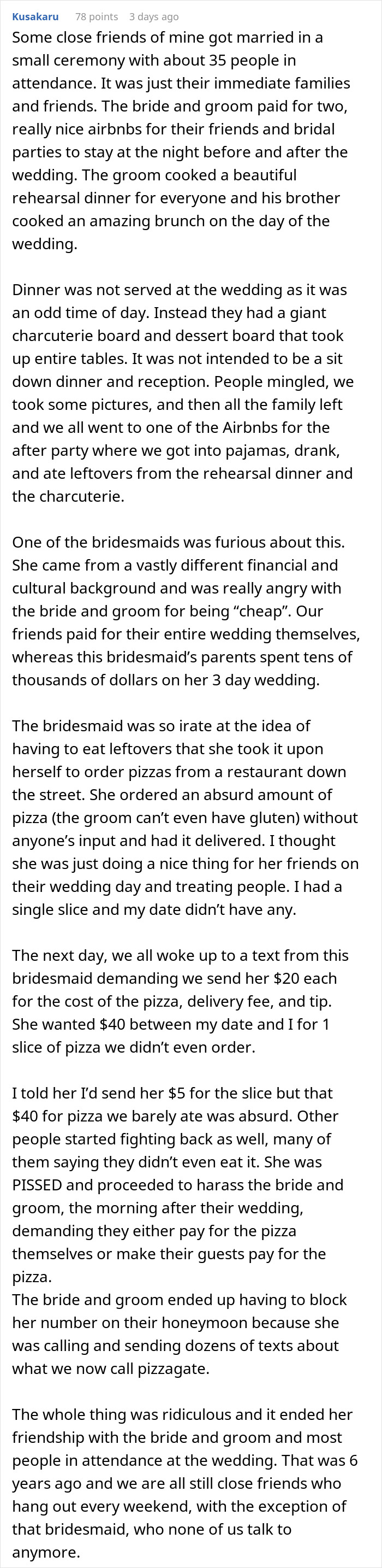 A lengthy post detailing a guest's negative experience with a MOH over bridal shower costs.