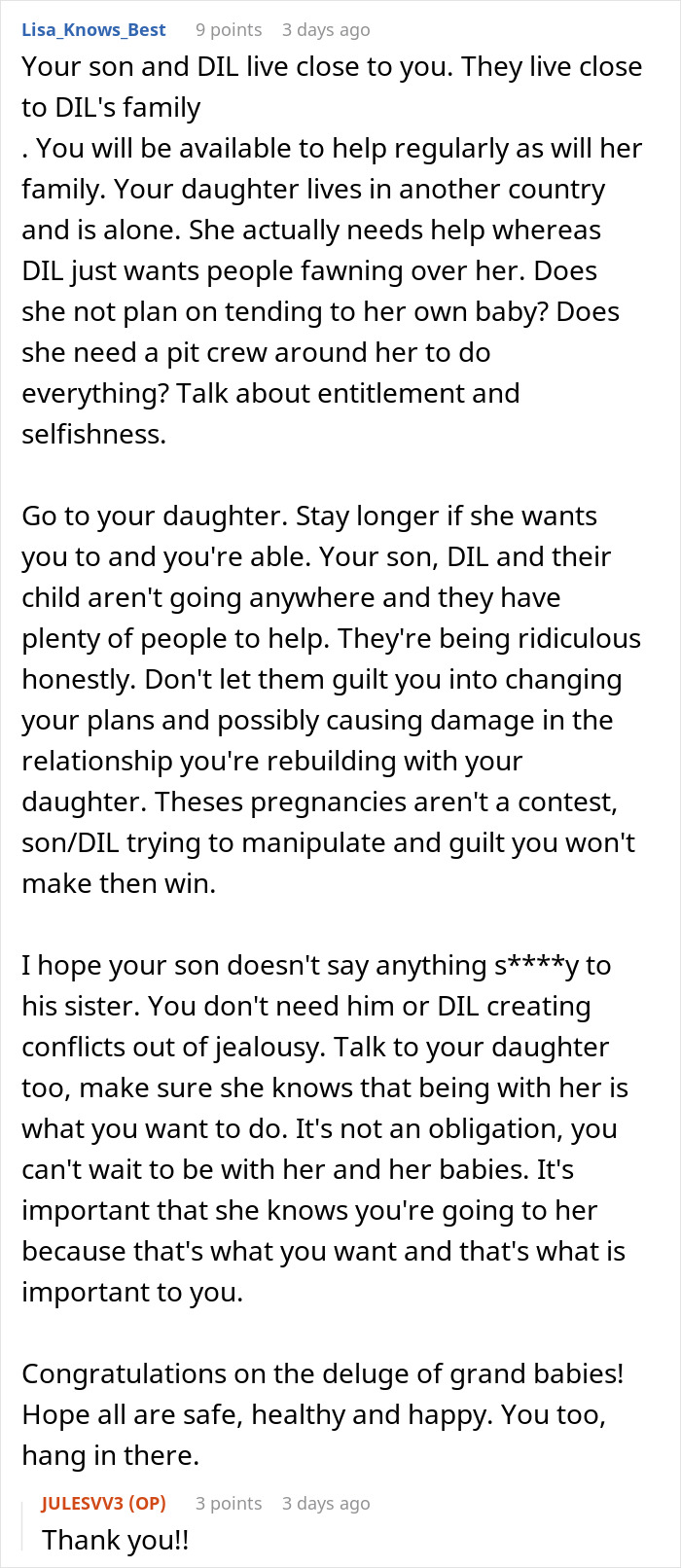 Online discussion comment supporting a mother-in-law who chooses to stay with her daughter abroad. Online discussion comment supporting a mother-in-law who chooses to stay with her daughter abroad.