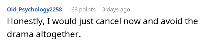 Social media comment advising to cancel Thanksgiving hosting plans to avoid unnecessary drama. Social media comment advising to cancel Thanksgiving hosting plans to avoid unnecessary drama.