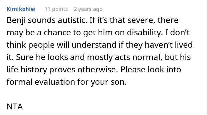 A comment suggesting formal evaluation for a son and discussing inheritance for a successful life. A comment suggesting formal evaluation for a son and discussing inheritance for a successful life.