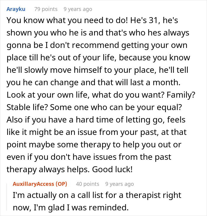 Online comment advising a woman to leave her jobless bf and seek therapy.
