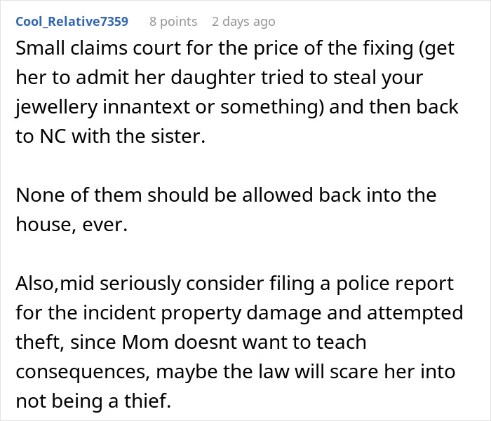 A Reddit comment suggests pursuing small claims court for the sapphire engagement ring and filing a police report for attempted theft.