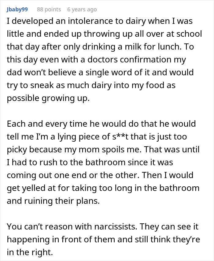 A Reddit comment detailing a father who thinks shellfish allergy is fake and would sneak dairy into his child's food. A Reddit comment detailing a father who thinks shellfish allergy is fake and would sneak dairy into his child's food.
