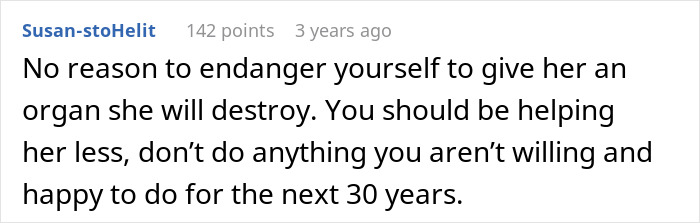 A comment section offering advice regarding a toxic mom and her desire for a shiny new kidney from her daughter.