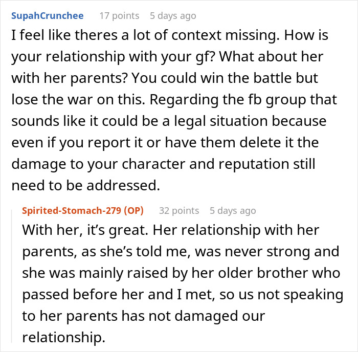 A Reddit discussion detailing how parents created a Facebook group to ruin their daughter's boyfriend's reputation. A Reddit discussion detailing how parents created a Facebook group to ruin their daughter's boyfriend's reputation.