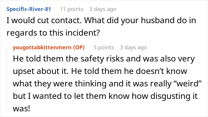 Discussion about husband's response to baby car seat safety risks and family judgment