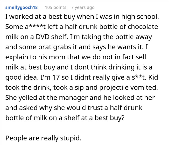 Screenshot of a comment: A kid wanted to play with a half-drunk bottle of chocolate milk, an entitled kid incident. Screenshot of a comment: A kid wanted to play with a half-drunk bottle of chocolate milk, an entitled kid incident.