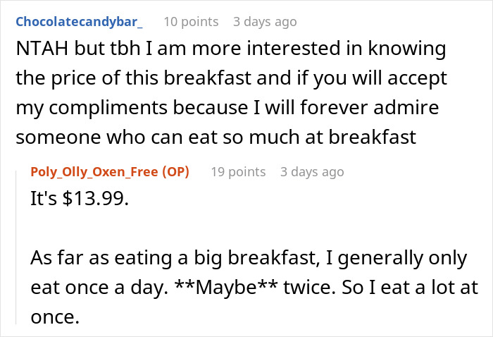 A Reddit comment asking about the price of the man's breakfast after his BIL invited him to breakfast and secretly paid. A Reddit comment asking about the price of the man's breakfast after his BIL invited him to breakfast and secretly paid.