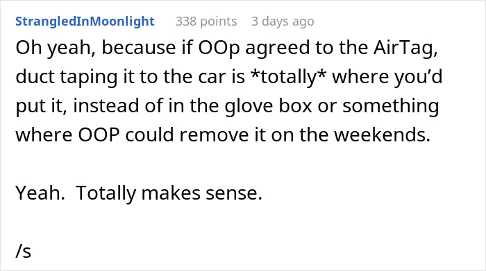 Online comment discussing a nanny who finds AirTag in her car, analyzing the boss's actions