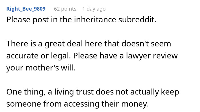 A social media comment suggesting legal review of a mother's will after a widowed dad remarries and cuts out his daughters. A social media comment suggesting legal review of a mother's will after a widowed dad remarries and cuts out his daughters.