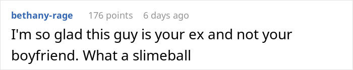 Comment calling guy a slimeball and glad he's an ex, related to feminist girlfriend discussion