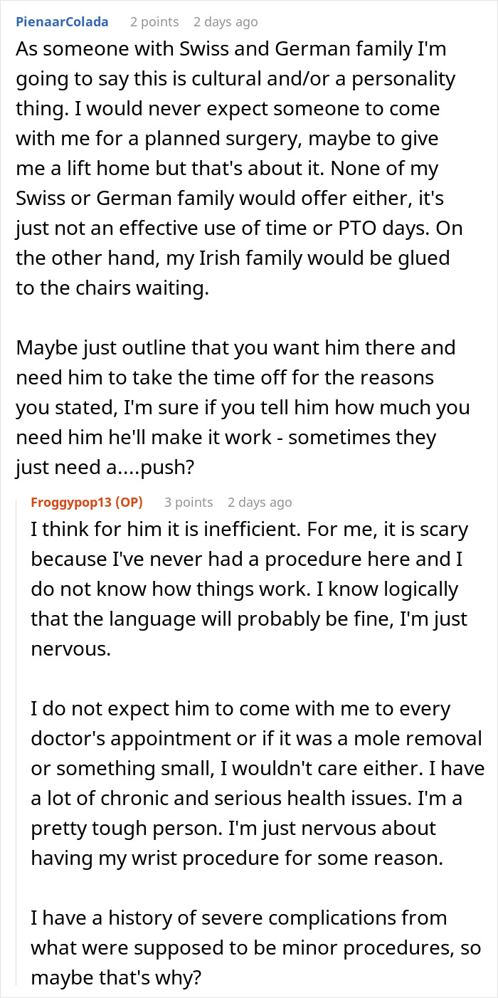 Comment on cultural differences about family support at surgery, wife anxious about wrist procedure Comment on cultural differences about family support at surgery, wife anxious about wrist procedure