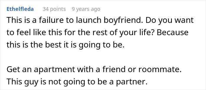 Comment describing a jobless bf as a failure to launch partner.