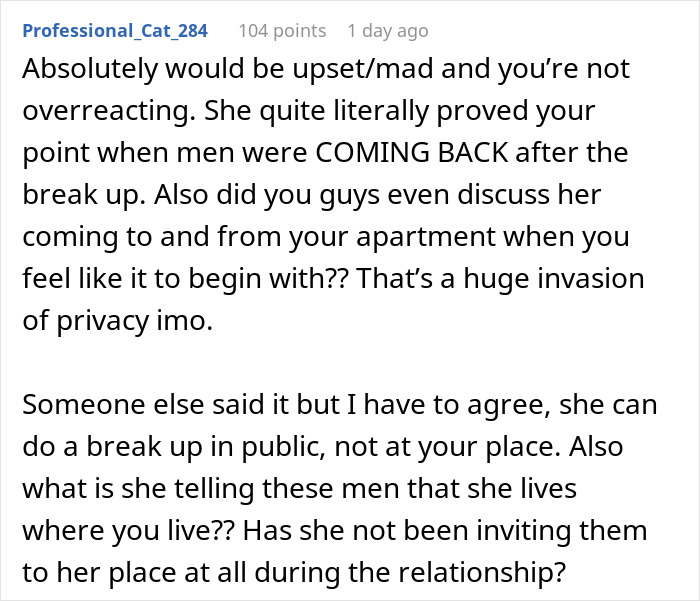 A woman dumps four men at an apartment. Commenter discusses privacy invasion and men returning after breakups. A woman dumps four men at an apartment. Commenter discusses privacy invasion and men returning after breakups.