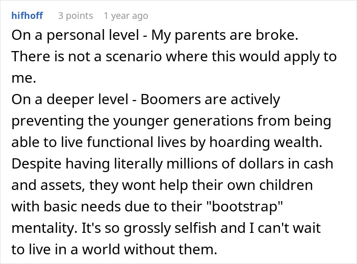 Comment criticizing older generation hoarding wealth instead of helping children with inheritance Comment criticizing older generation hoarding wealth instead of helping children with inheritance