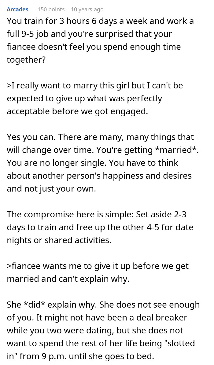 Comment on training hours impact on fiancee's feelings and need for compromise Comment on training hours impact on fiancee's feelings and need for compromise