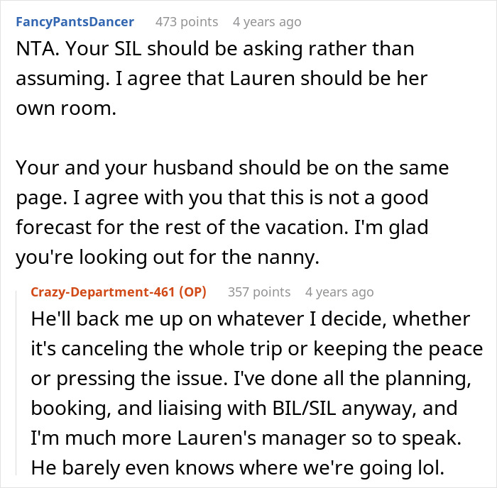A screenshot of a comment about a SIL assuming free childcare and the vacation. A screenshot of a comment about a SIL assuming free childcare and the vacation.