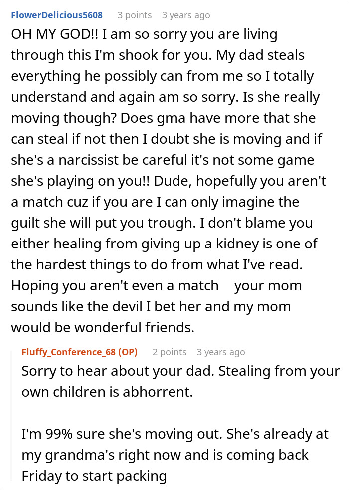 A Reddit comment from someone relating to a daughter's struggle with her toxic mom and kidney issues.