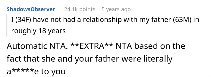 A comment asserting the 34YO is not the a****** for refusing to be a bone marrow match for their estranged dad’s wife. A comment asserting the 34YO is not the a****** for refusing to be a bone marrow match for their estranged dad’s wife.