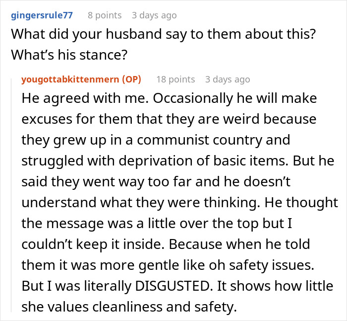 Discussion of husband's stance on in-laws digging baby's car seat from NYC garbage