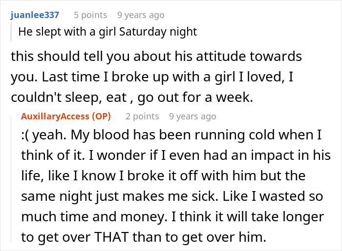 Online conversation about a jobless BF sleeping with someone else on the night of the breakup.