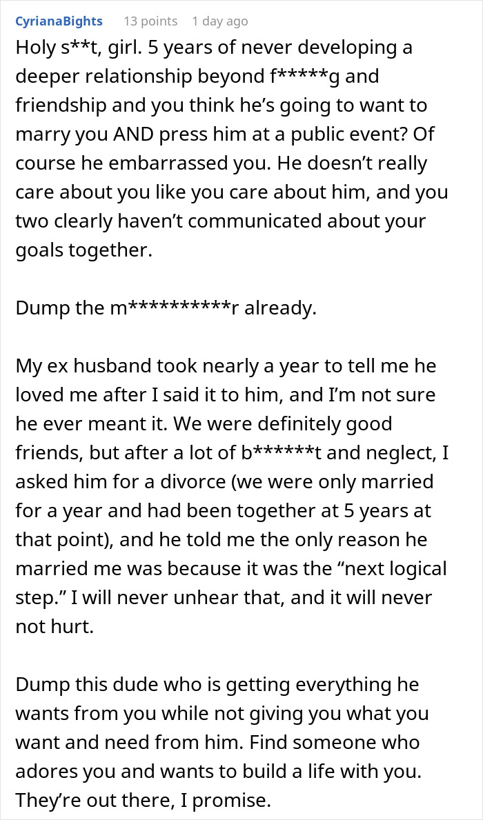 A long comment about a guy who hasn't said 'I love you' in five years and won't marry her, advising to dump him.