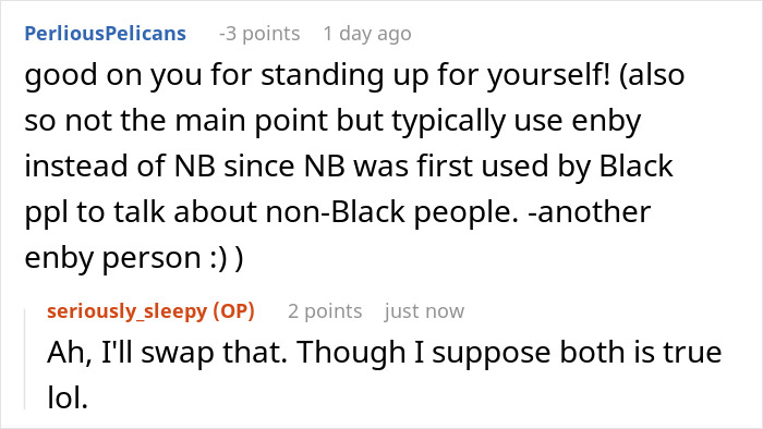 Screenshot of Reddit comment advocating for using 'enby' over 'NB' in discussions about wheelchair accessibility. Screenshot of Reddit comment advocating for using 'enby' over 'NB' in discussions about wheelchair accessibility.